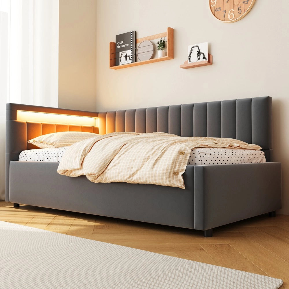 Letto Imbottito Contenitore con LED ¨C Xylo ¨C Velluto Grigio, Testiera, Rete a Doghe, 90x200