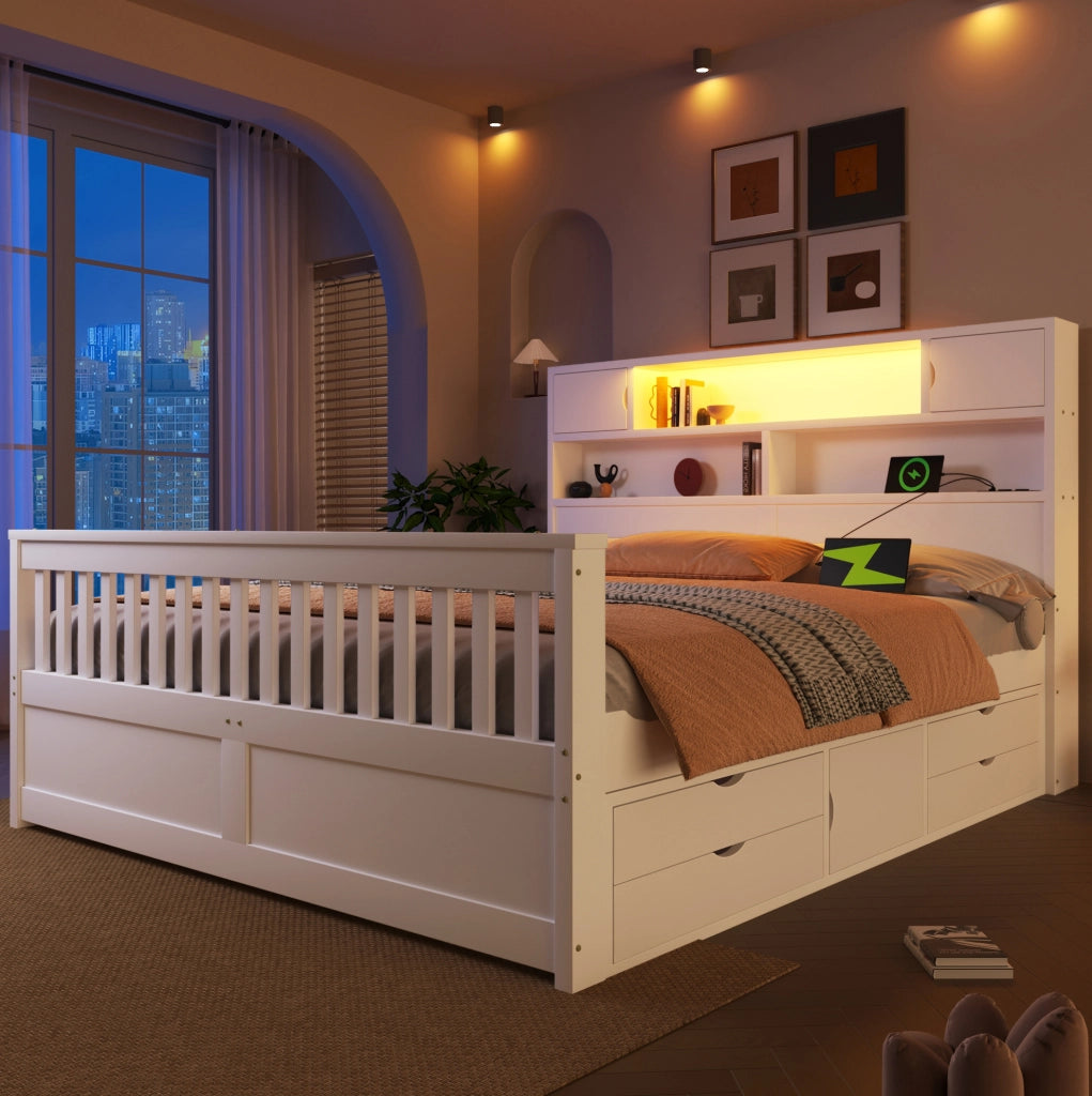 Letto con contenitore 160x200 cm con LED, 4 cassetti, scaffali e USB, bianco