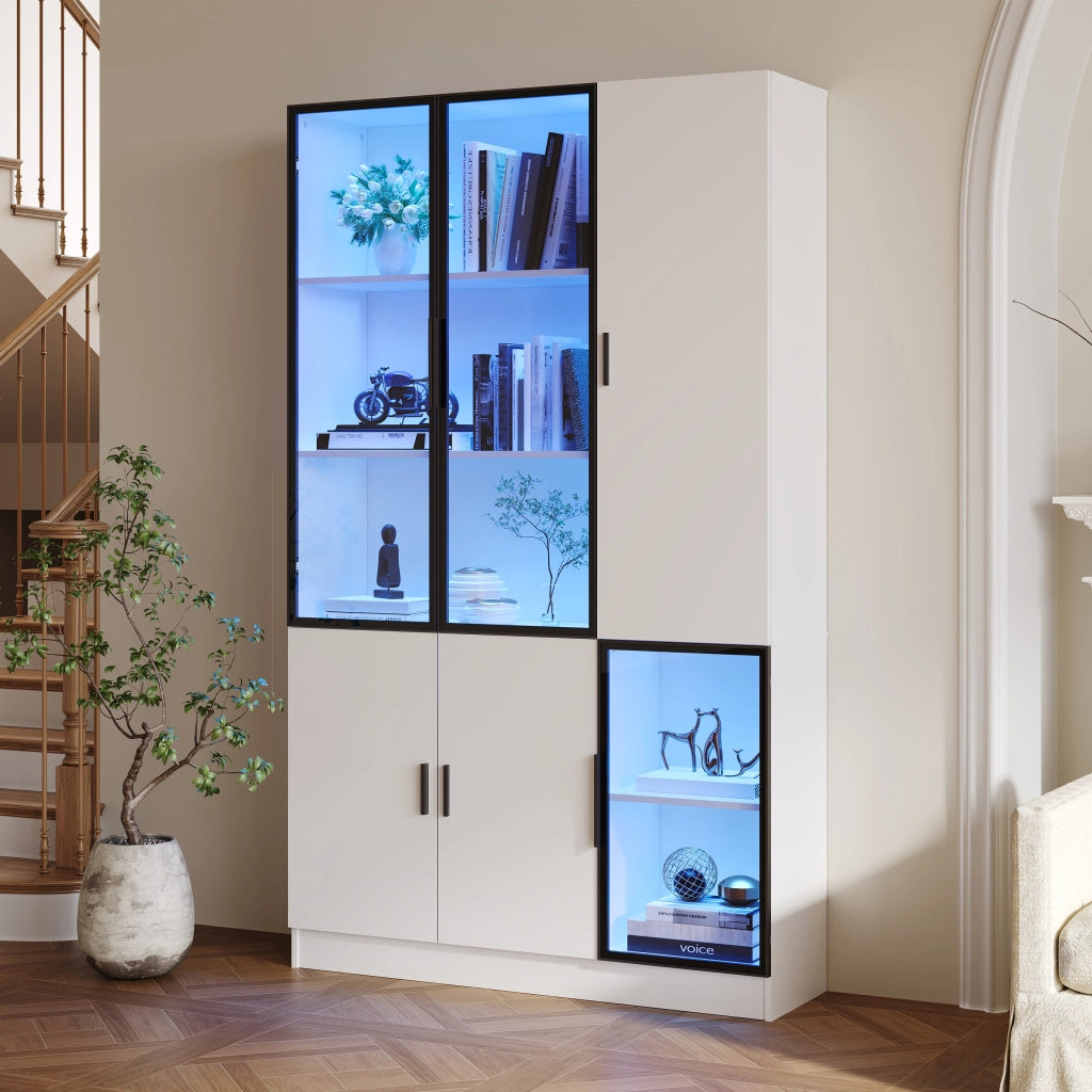 Libreria Vetrina con Luci LED ¨C MINIMAL ¨C Legno, Vetro, Alluminio, 200cm