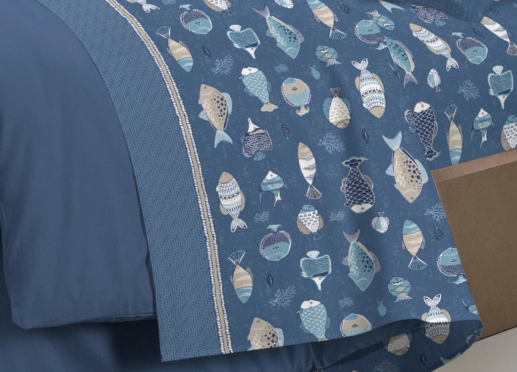 Completo Lenzuola Letto Pensieri Delicati 100% Cotone Disegno Oceano - Piazza E Mezza - Blu