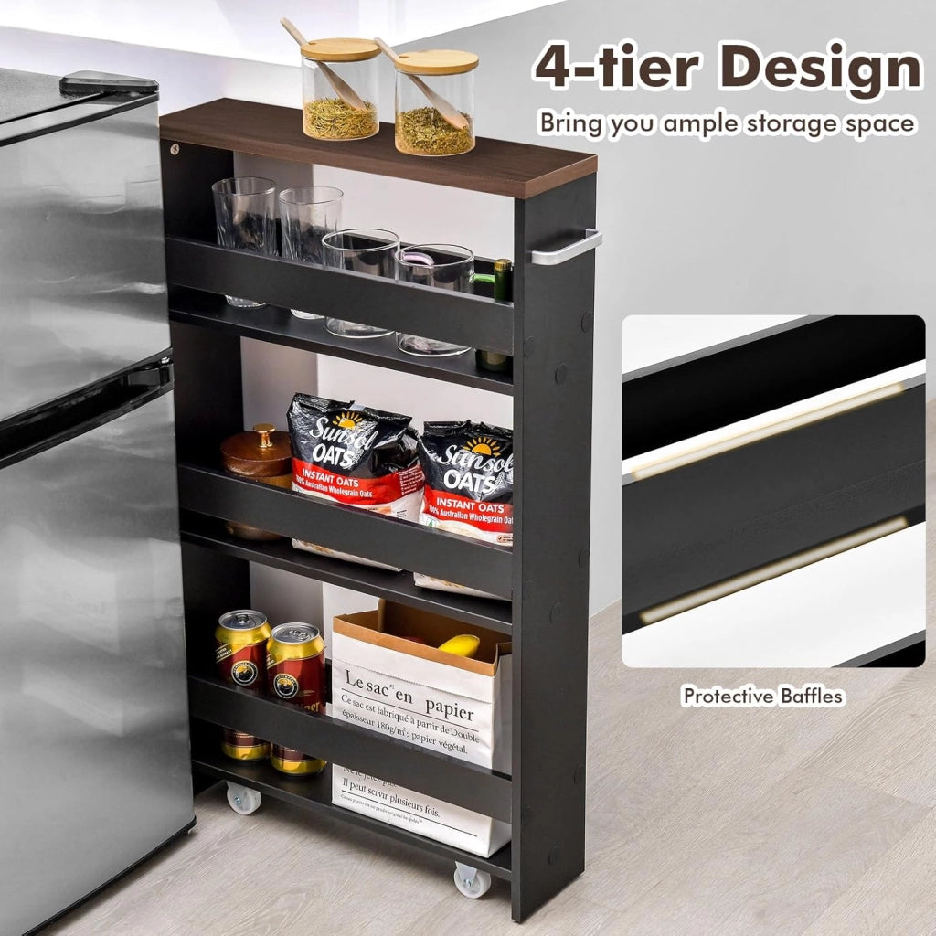 Carrello per Nicchia con Ruote, 4 Livelli，Carrello di Servizio Stretto Salvaspazio, da Bagno, Scaffale da Cucina Sottile 47,5 x 13 x 80,5 cm (Marrone+Nero, Largo 13 cm)