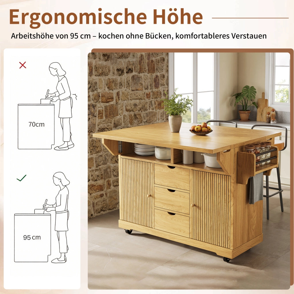 Carrello servitore con estensioni ribaltabili; altezza ergonomica 95 cm; 3 cassetti; marrone naturale