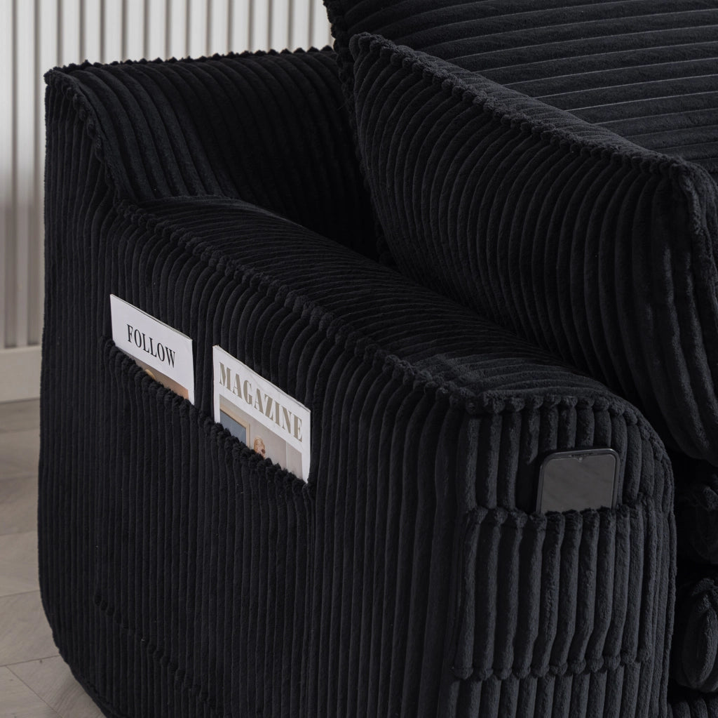 Divano 2 posti ULEVR 191x94x85 cm in velluto a coste nero con cuscini e tasche laterali