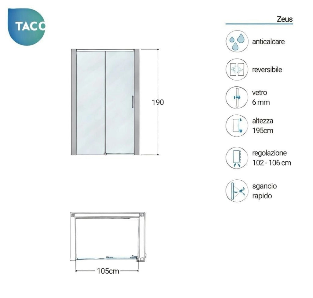 Box doccia a nicchia 105 cm porta scorrevole apertura laterale H190 cm ZEUS - Cromato Lucido