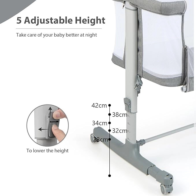 3 in 1 Culla Neonato Fianco Letto, Lettino Neonato Dondolo con Materasso, Culla Co-Sleeping Fino a 9 kg, Altezza Regolabili, 84 x 59,5 x 80,5cm (Grigio)
