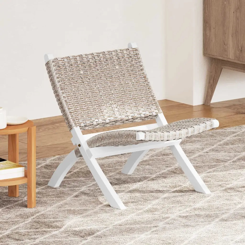 Poltrona | Sedia Relax Bianca in Rattan Kubu Naturale e Mogano Massello