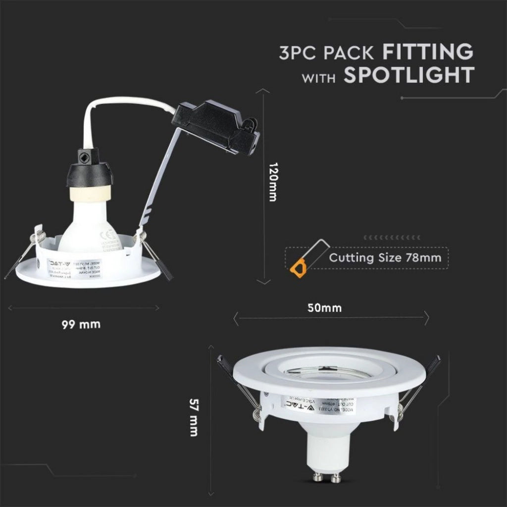 3 PZ Faretti LED Incasso Rotondo Orientabile 5W Carcassa Bianco 6400K Freddo con Lampada GU10 Sostituibile SKU 8883