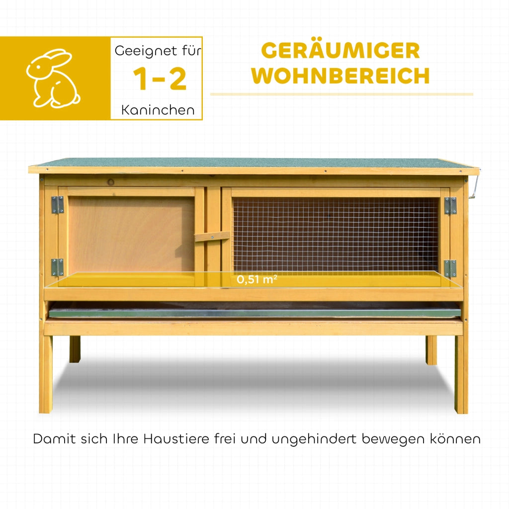 Casetta per conigli in legno con tetto apribile, 2 porte, vasca antigoccia, 115x44,3x65 cm ¨C zephmum ¨C Giallo chiaro