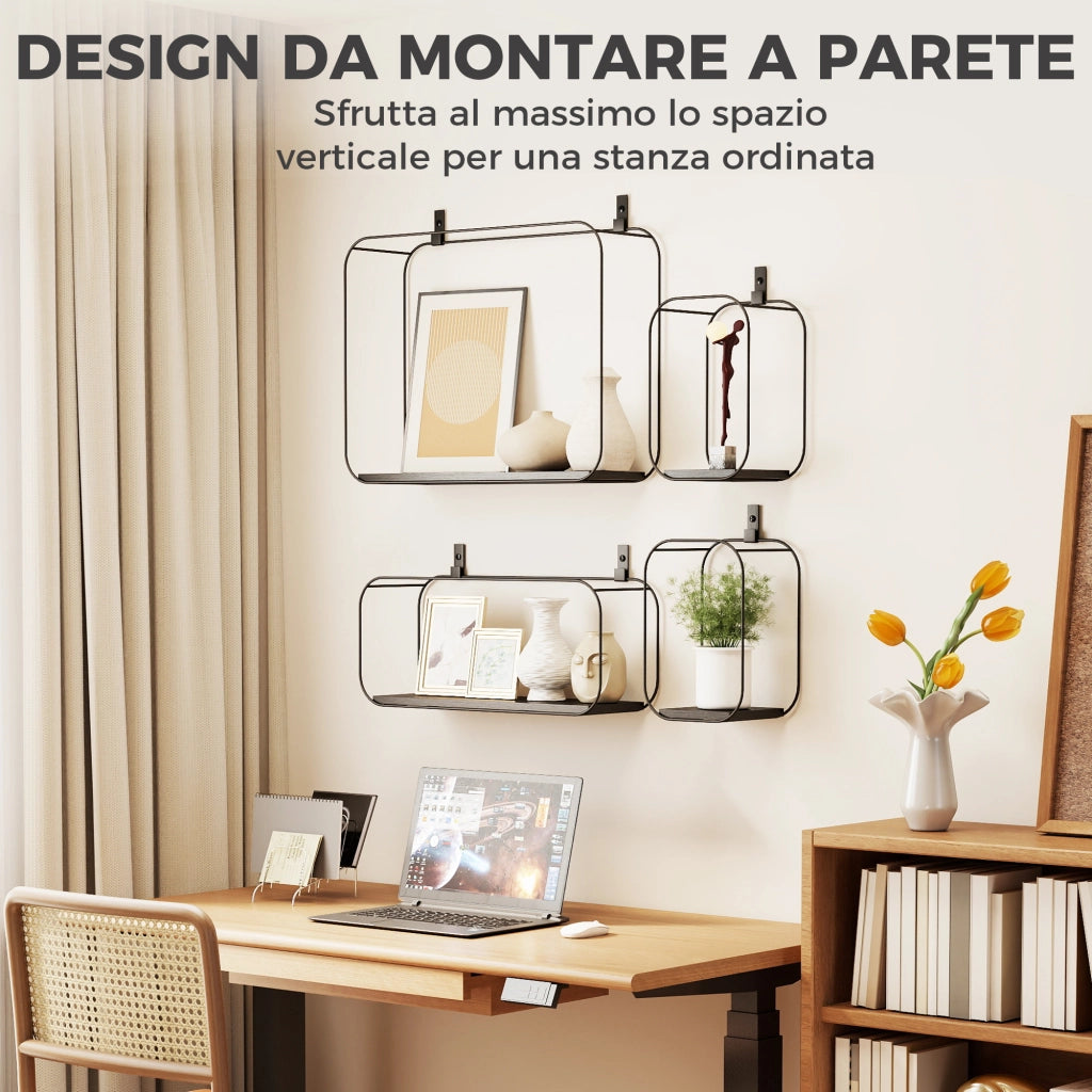 Set 4 Pezzi Mensole Flottanti Geometriche per Soggiorno in Metallo e MDF Nero