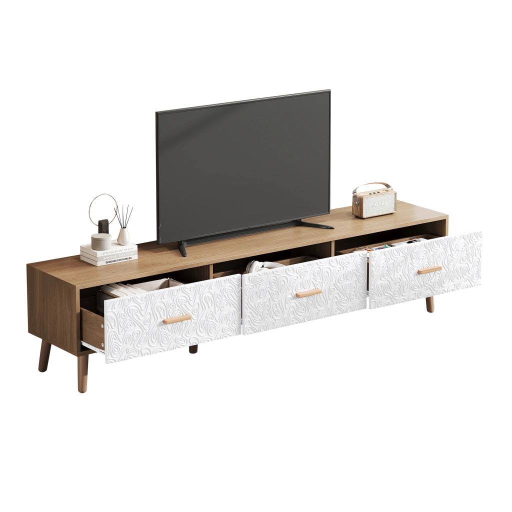 Mobile TV vintage 150 cm con 3 cassetti, finitura legno chiaro e dettagli bianchi