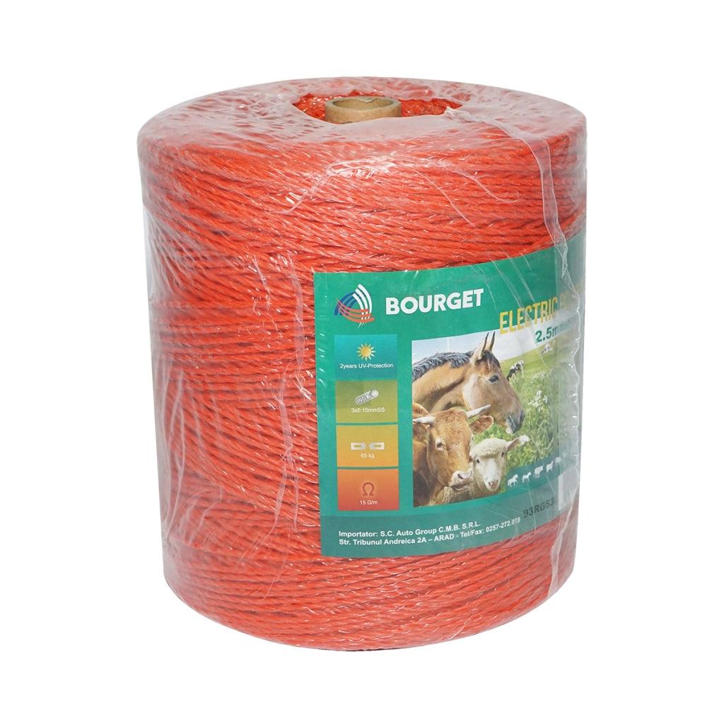 Rolo di filo arancione, diametro 2.5 mm, 3x0.15 mm SS, 1000 m per recinzione elettrica, resistenza 15 Ohm, Bourget