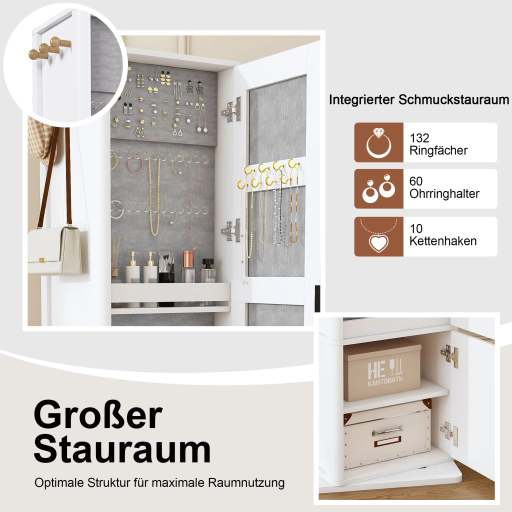Armadietto a specchio girevole 360° 4 in 1 con organizer per gioielli, ripiani aperti e ganci, bianco 50 × 50 × 170 cm