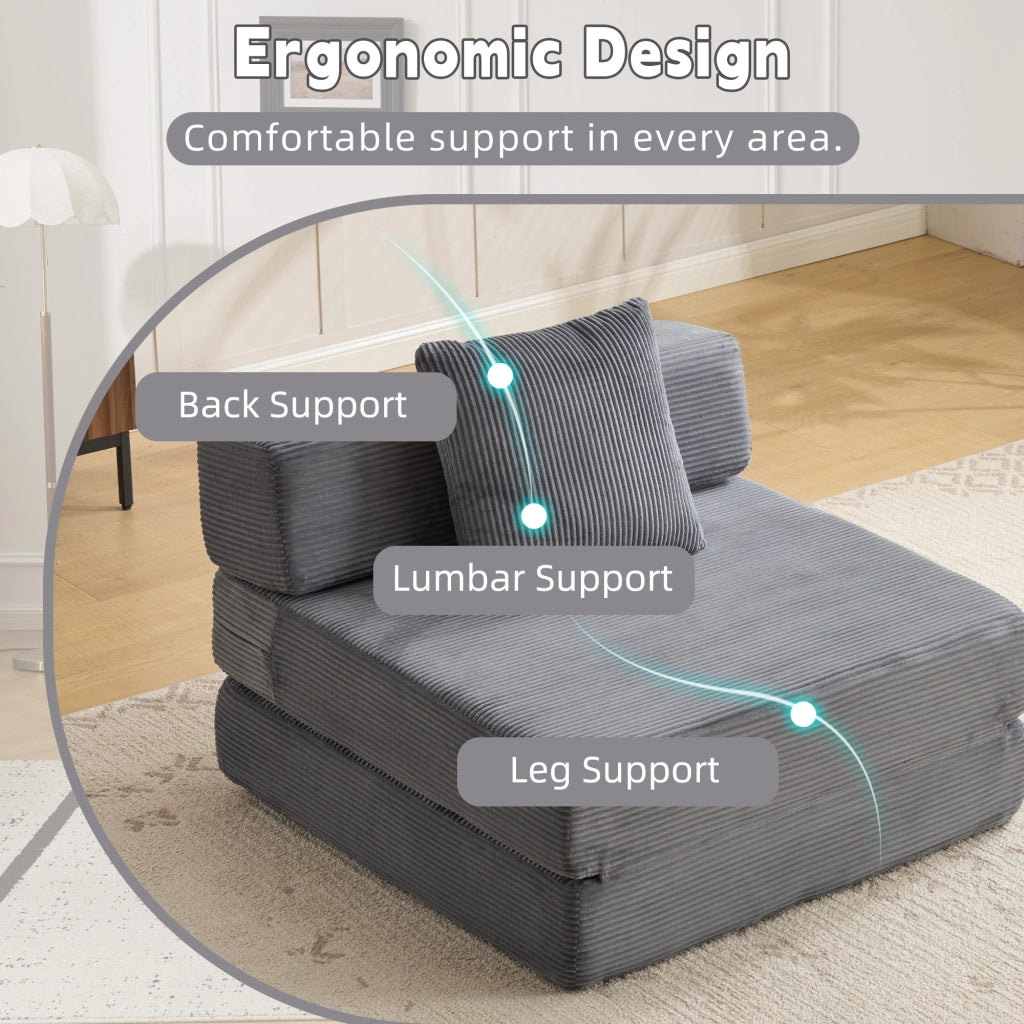 Divano letto convertibile da pavimento in tessuto a coste con design pieghevole e imbottitura in spugna grigio scuro