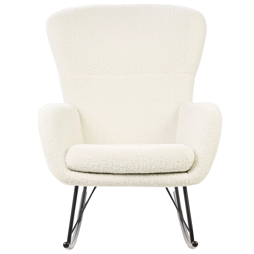 Sedia a dondolo Tessuto poliestere boucle bianco e nero Rivestimento gambe in metallo Pattini Design tradizionale retrò