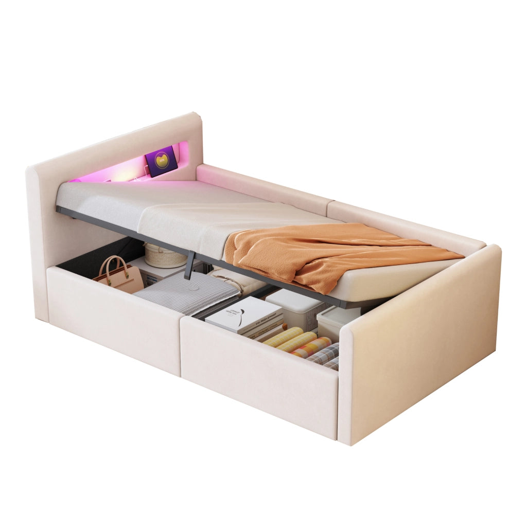 Letto 90x200 cm - Letto imbottito,Con luce notturna,Porta di ricarica USB,Con vani portaoggetti,Velluto,Funzione di accumulo idraulico,Beige