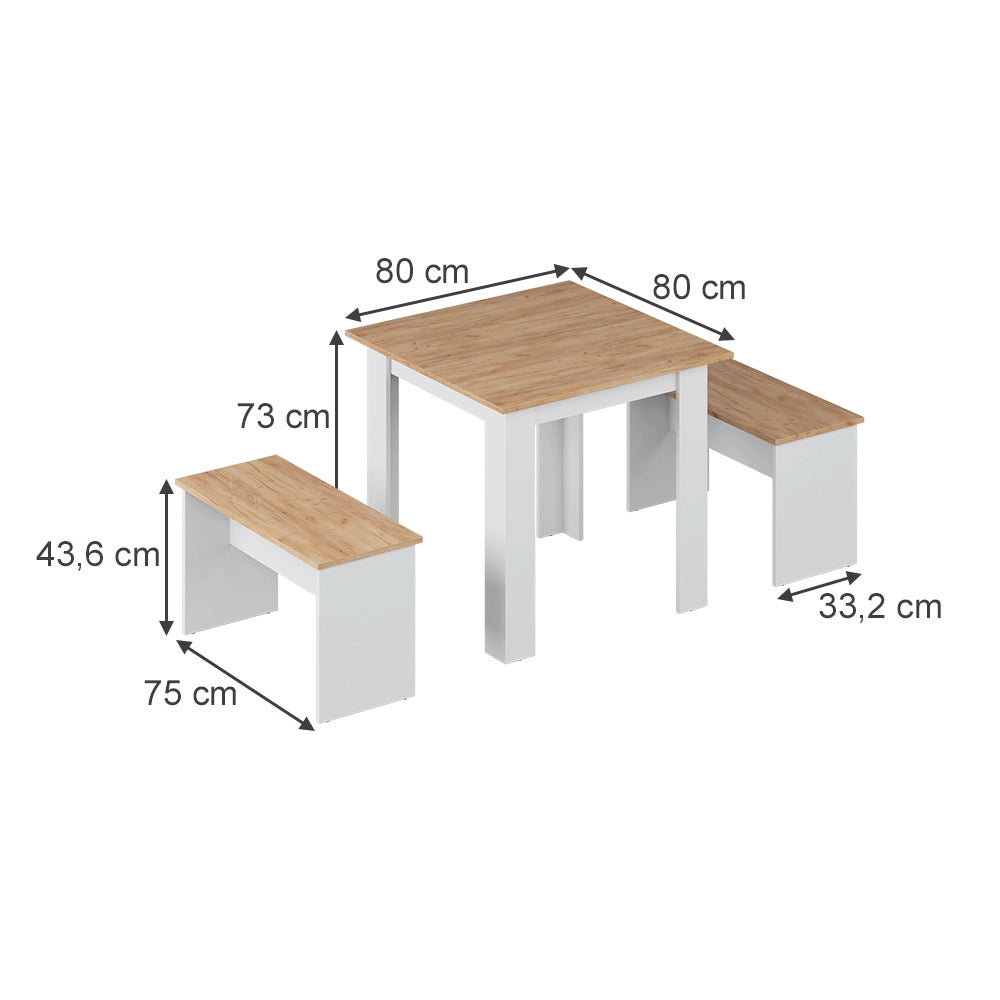 Vicco Set di tavoli da pranzo Rovere bianco/dorato 80 x 80 cm con 2 panche
