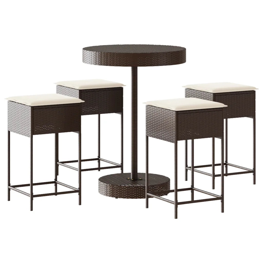 Set Bar da Giardino 5 pz | Set Salotto da Giardino con Cuscini in Polyrattan Marrone