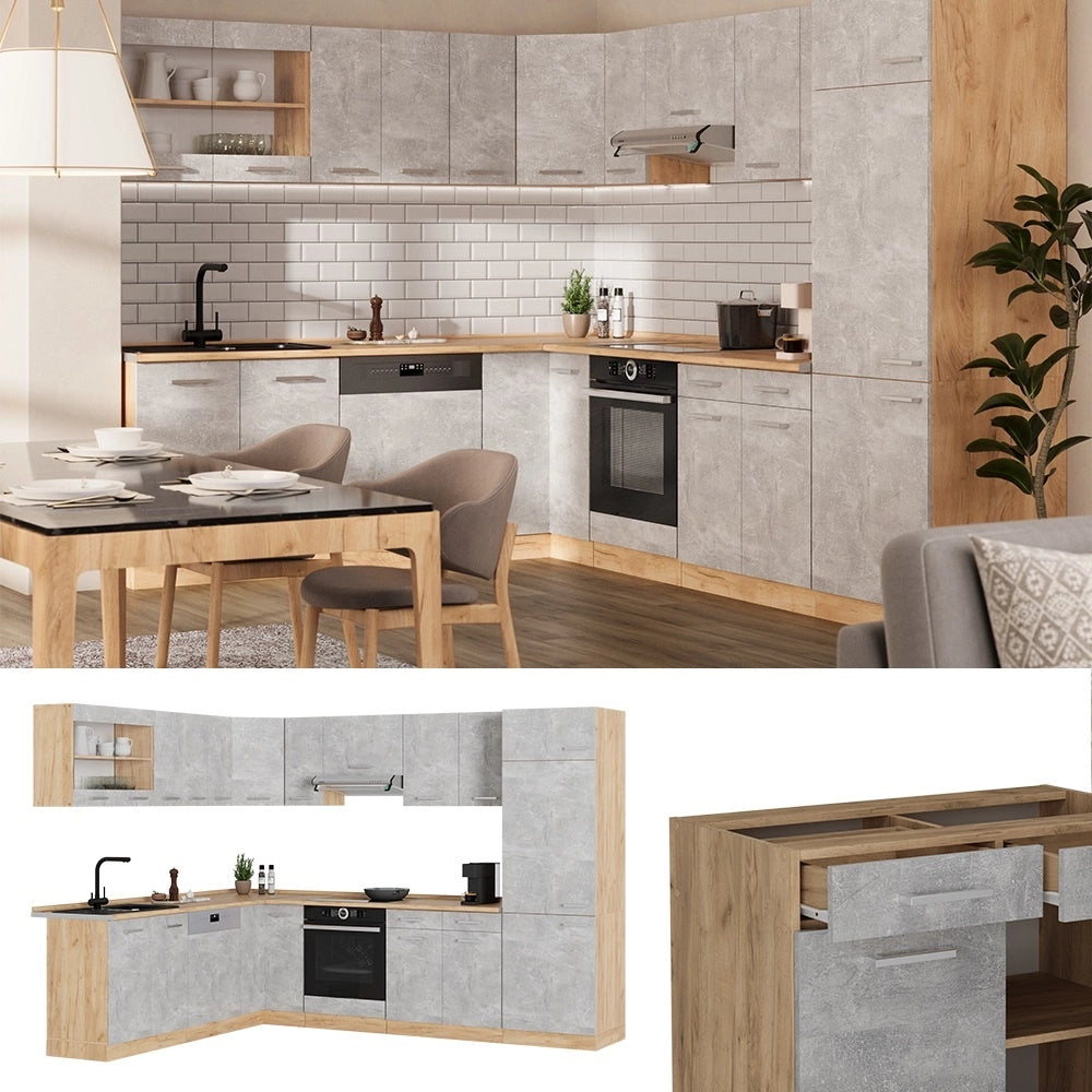 Cucina angolare completa R-Line Calcestruzzo/Rovere dorato 287 x 227 cm, PL Antracite Vicco