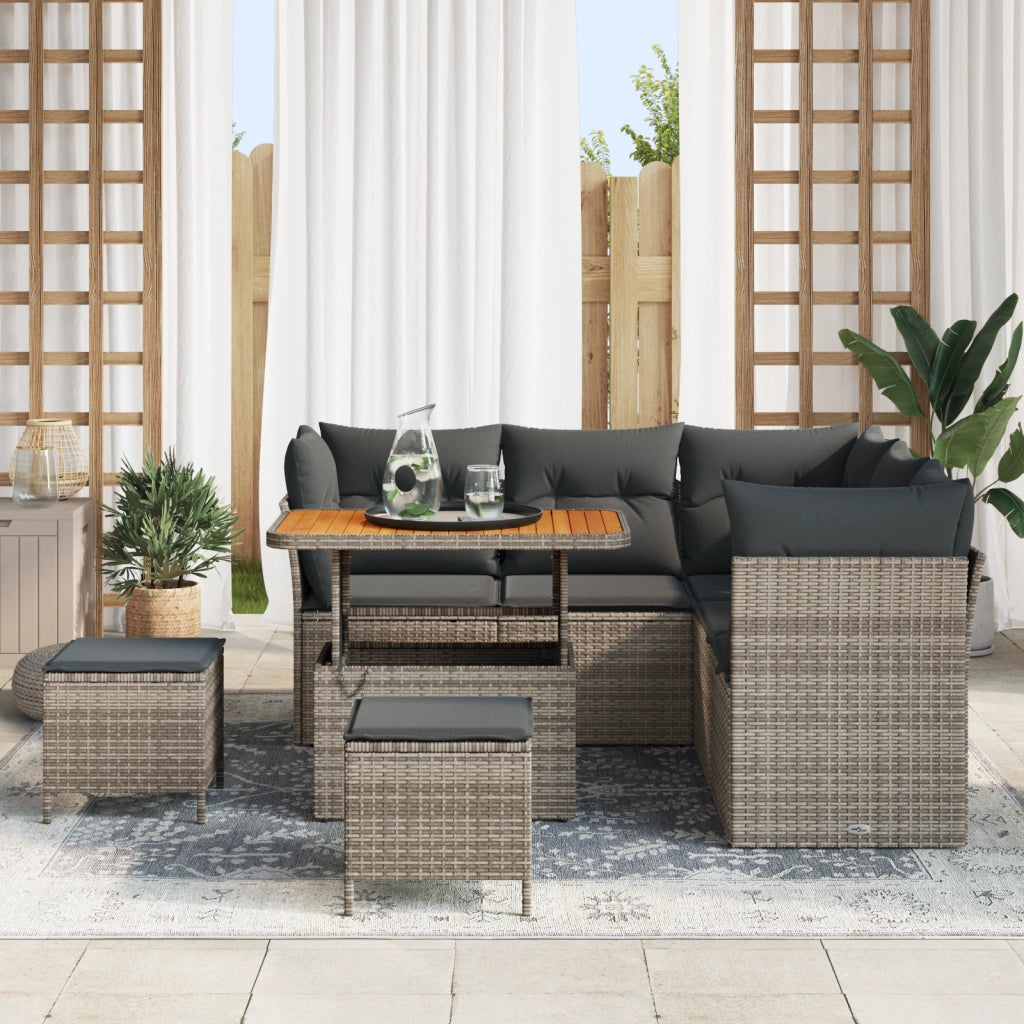 Set di Divani da Giardino 8 Pezzi con Cuscini Grigio in Rattan Polietilene e Acacia