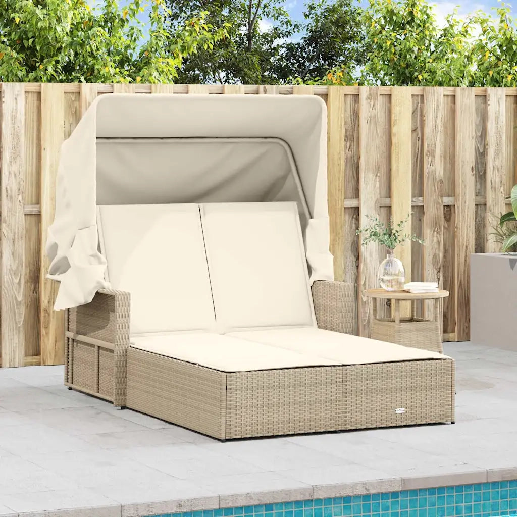 Sdraio da giardino | Lettino Doppio con Baldacchino e Cuscini Beige in Polyrattan