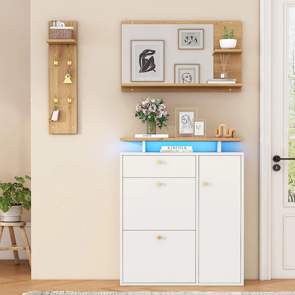 Set ingresso 3 pezzi - Xylo - Specchio, porta cappelli, armadio scarpe - LED, 4 ganci - Naturale o bianco - 105x25x151,5 cm
