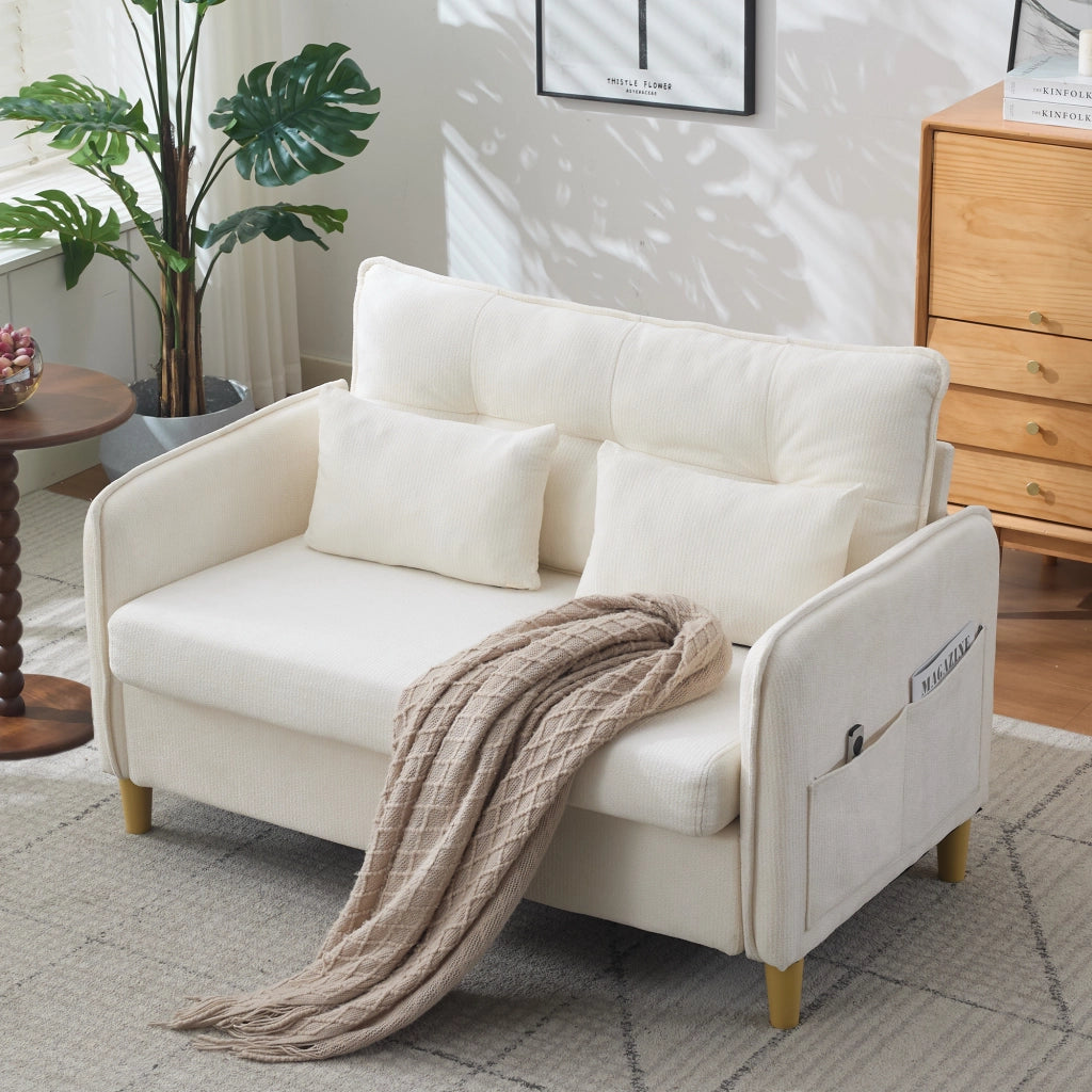 Divano a 2 posti in tessuto chenille Beige, 127 cm, con braccioli e tasche laterali