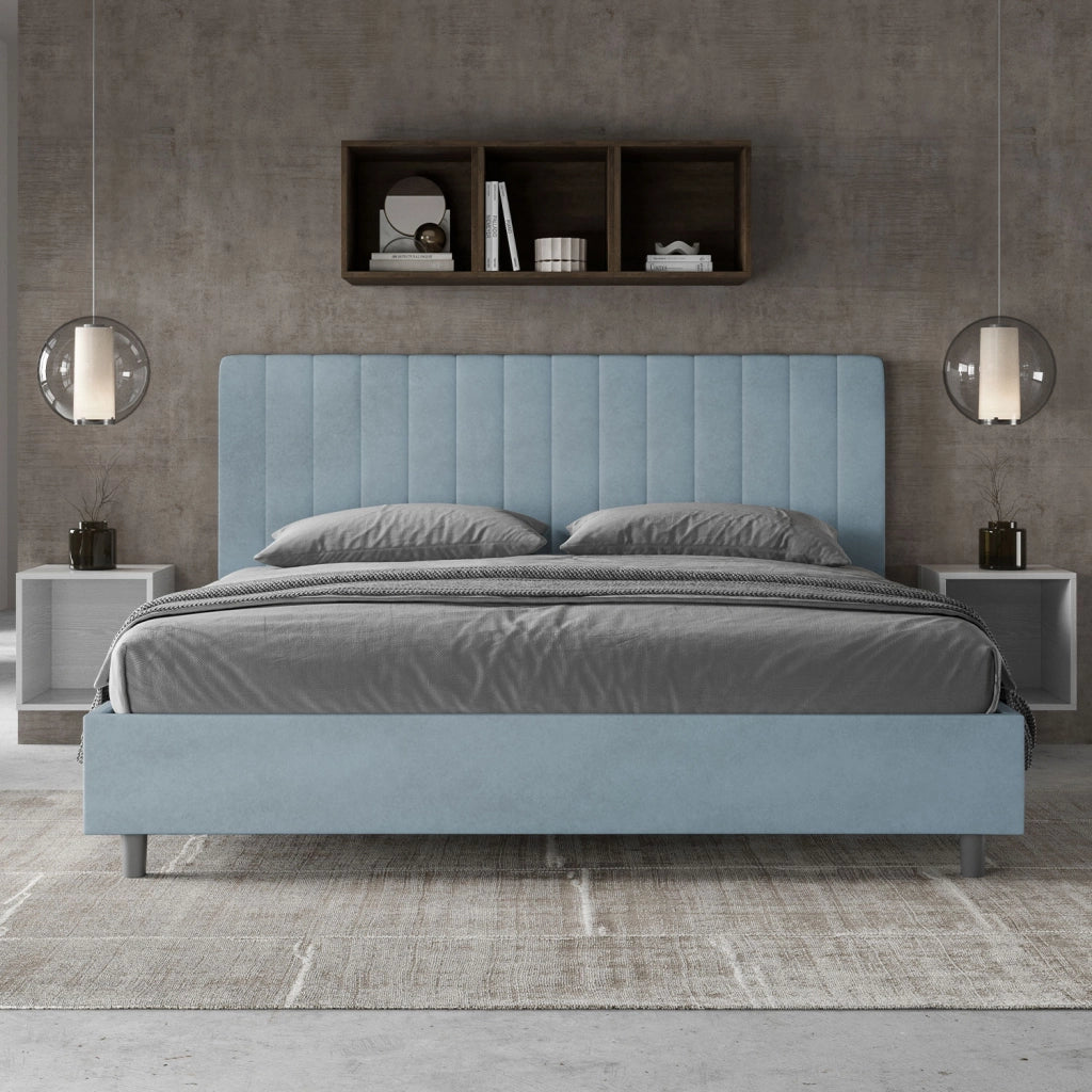 Letto Matrimoniale King Size 200x210 cm con Rete e Contenitore Imbottito in Microfibra Agueda Azzurro