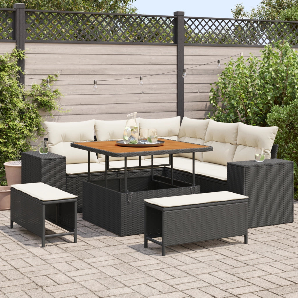 Set Divano da Giardino 8 Pezzi con Cuscini Neri Polyrattan Acacia