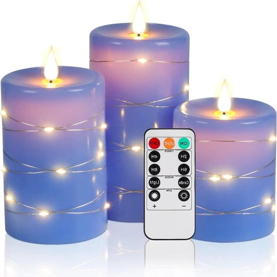 Set di Tre Catene di Luce a LED con Fiamma Vibrante Blu 360 Gradi con Catena di Stelle con Comando a Distanza - 10 Tasti - Funzione Timer 24 Ore - Fiamma Ballerina - Effetto Fiamma Reale