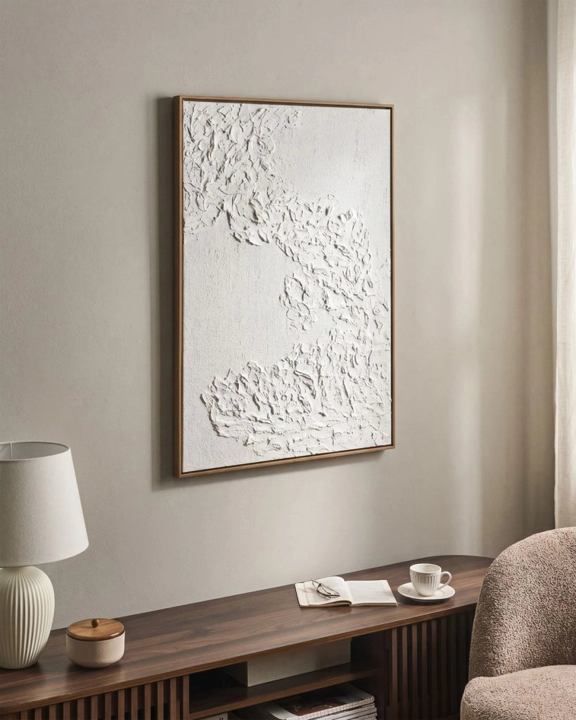 Decorazione da parete: stampa su tela bianca, design 3D realizzato a mano, materiali sintetici, cornice in legno di pino, soggiorno