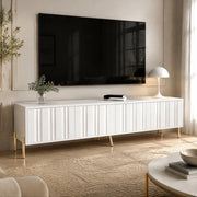 TV Schrank bianco 190 cm con 4 ante; 8 ripiani e gambe dorate