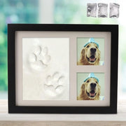 Fotolijst con impronta di zampa di cane, realizzata con argilla non tossica e un cuscino di inchiostro che non sbaventa, fotografia su legno con testo di commemorazione degli animali domestici, impronta di zampa
