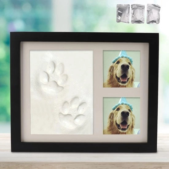 Fotolijst con impronta di zampa di cane, realizzata con argilla non tossica e un cuscino di inchiostro che non sbaventa, fotografia su legno con testo di commemorazione degli animali domestici, impronta di zampa