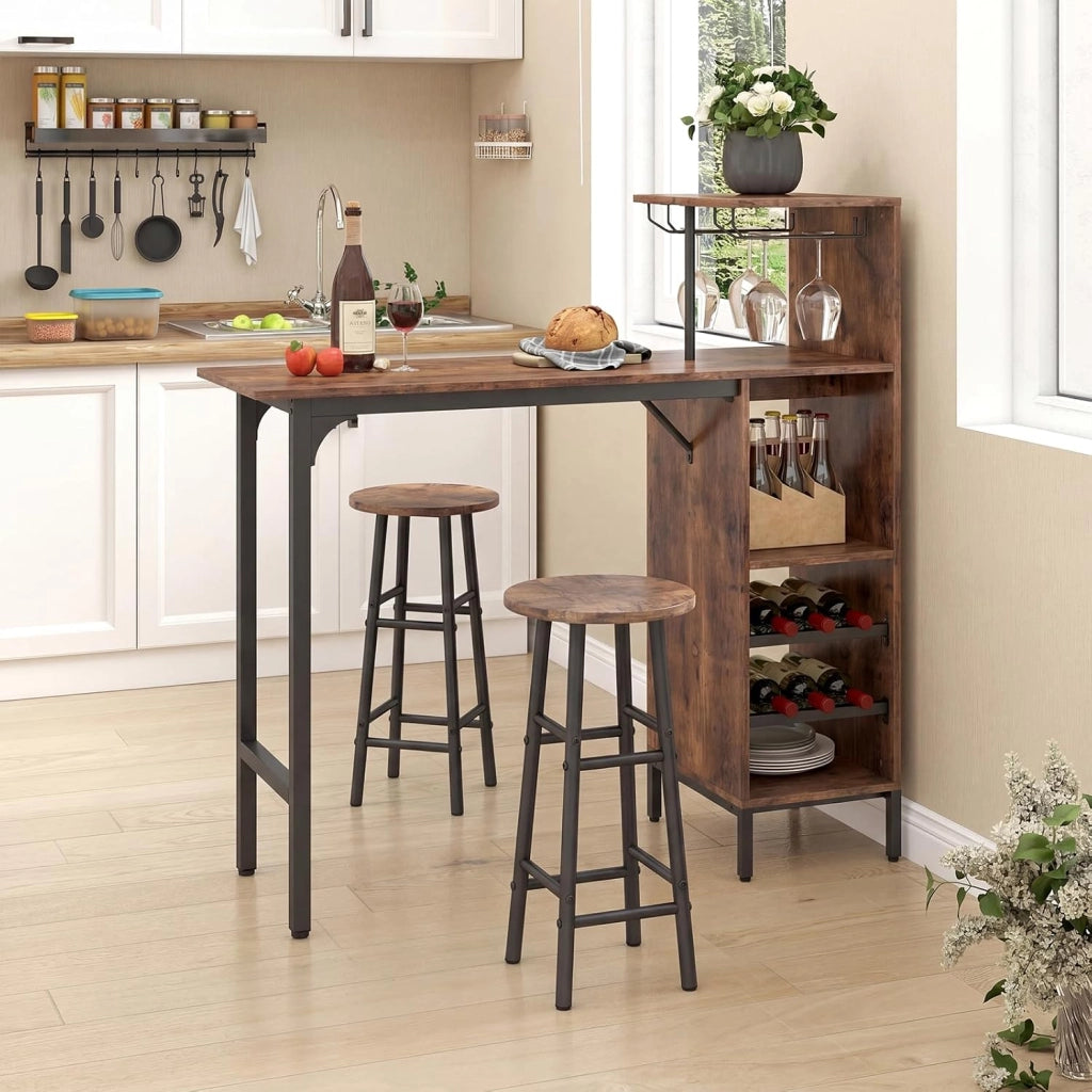 Set 3 Pezzi Tavolo e Sedie da Bar, Tavolo e Sgabelli da Pub Industriale con Porta Calici e 6 Portabottiglie da Vino, Set di Tavolo per Sala da Pranzo, Ristorante e Bar (Caffè)