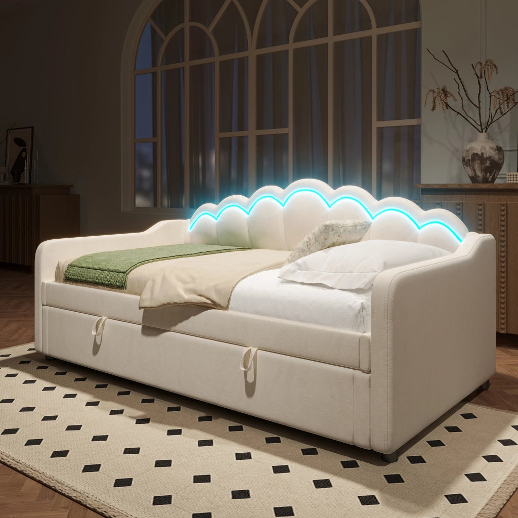Daybed in velluto con contenitore idraulico e LED, 90x200 cm, beige