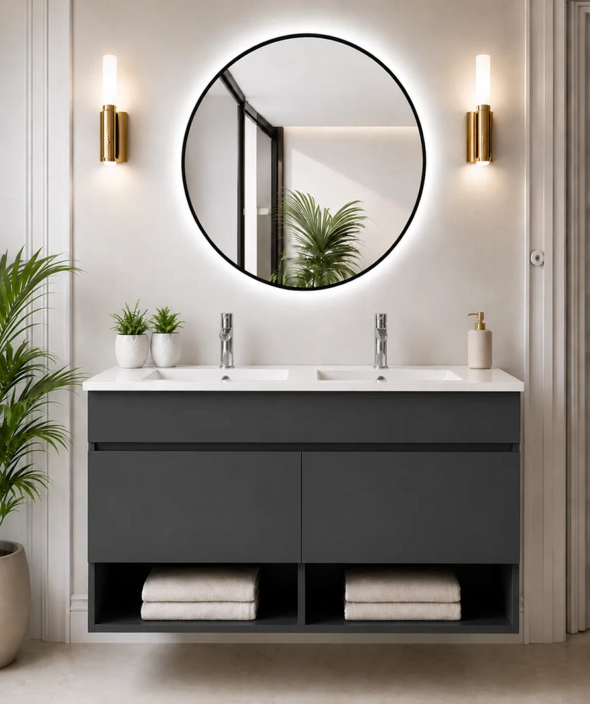 Mobile bagno sospeso con lavabo extrapiano ORIGENBATH NEBARI senza specchio 120x45 cm doppio lavabo grafite