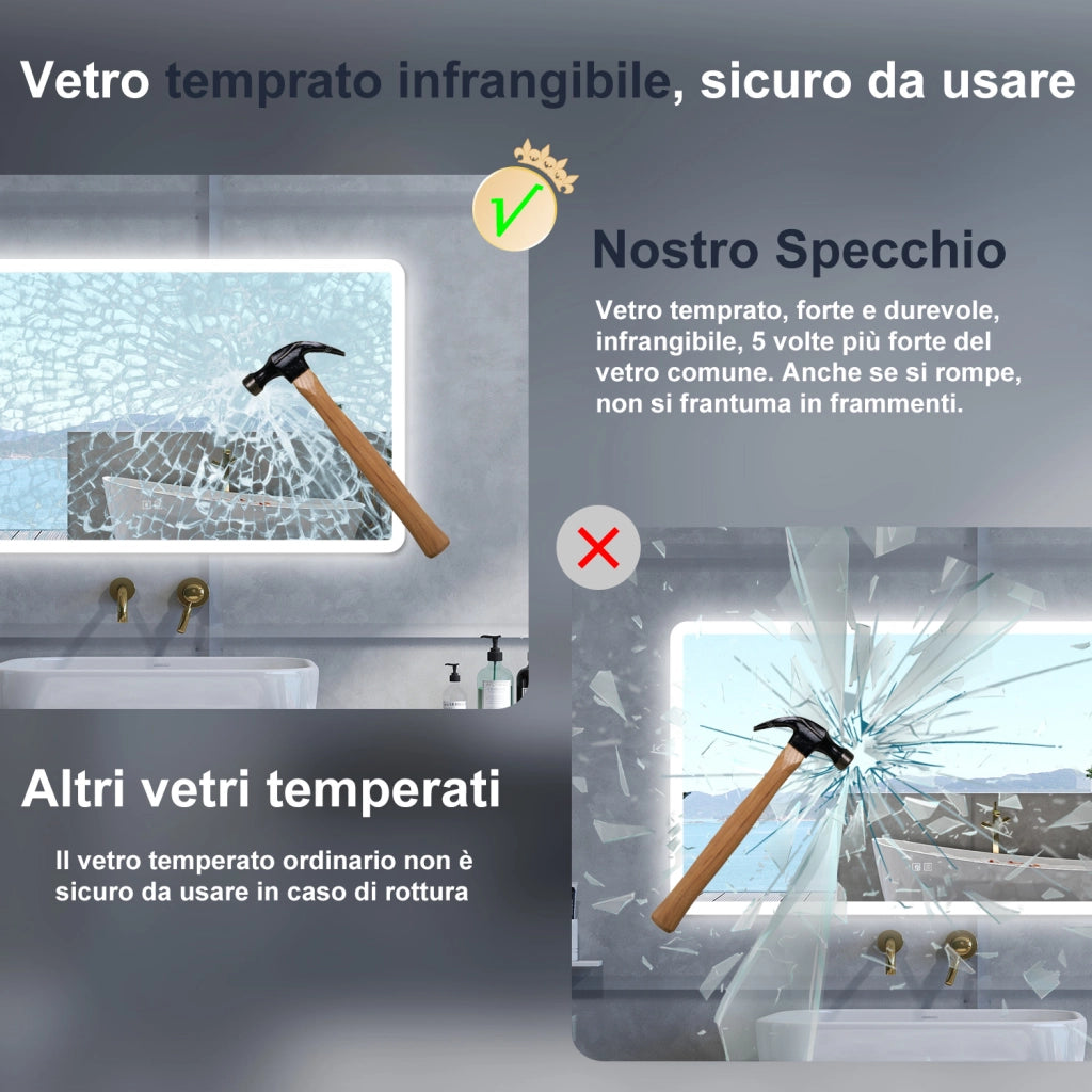 Specchio da bagno Rettangolare con 100x60cm,Blue tooth,3 colori,Memoria, Antifog,Regorabile,Retroilluminato,doppio interruttore,