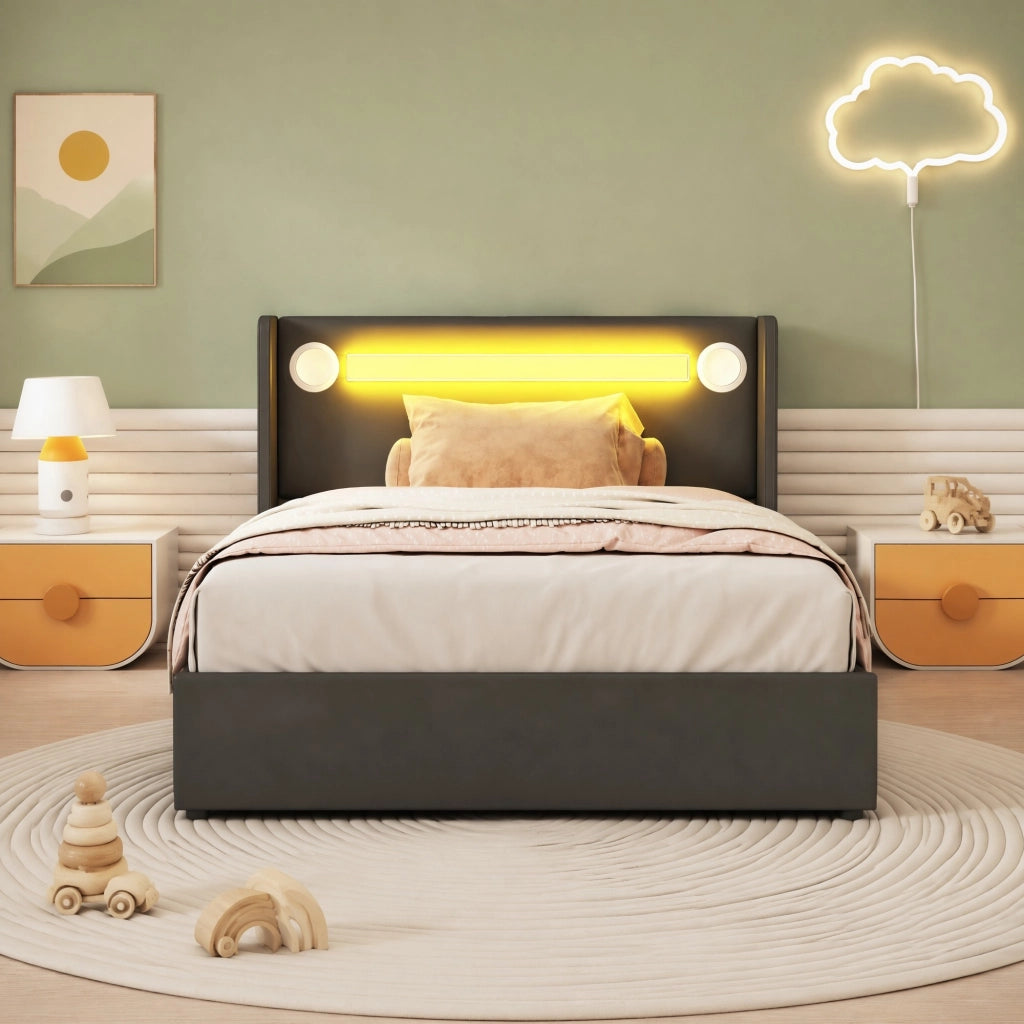 Letto imbottito per bambini 90x200 cm in PU nero con LED; Bluetooth e contenitore