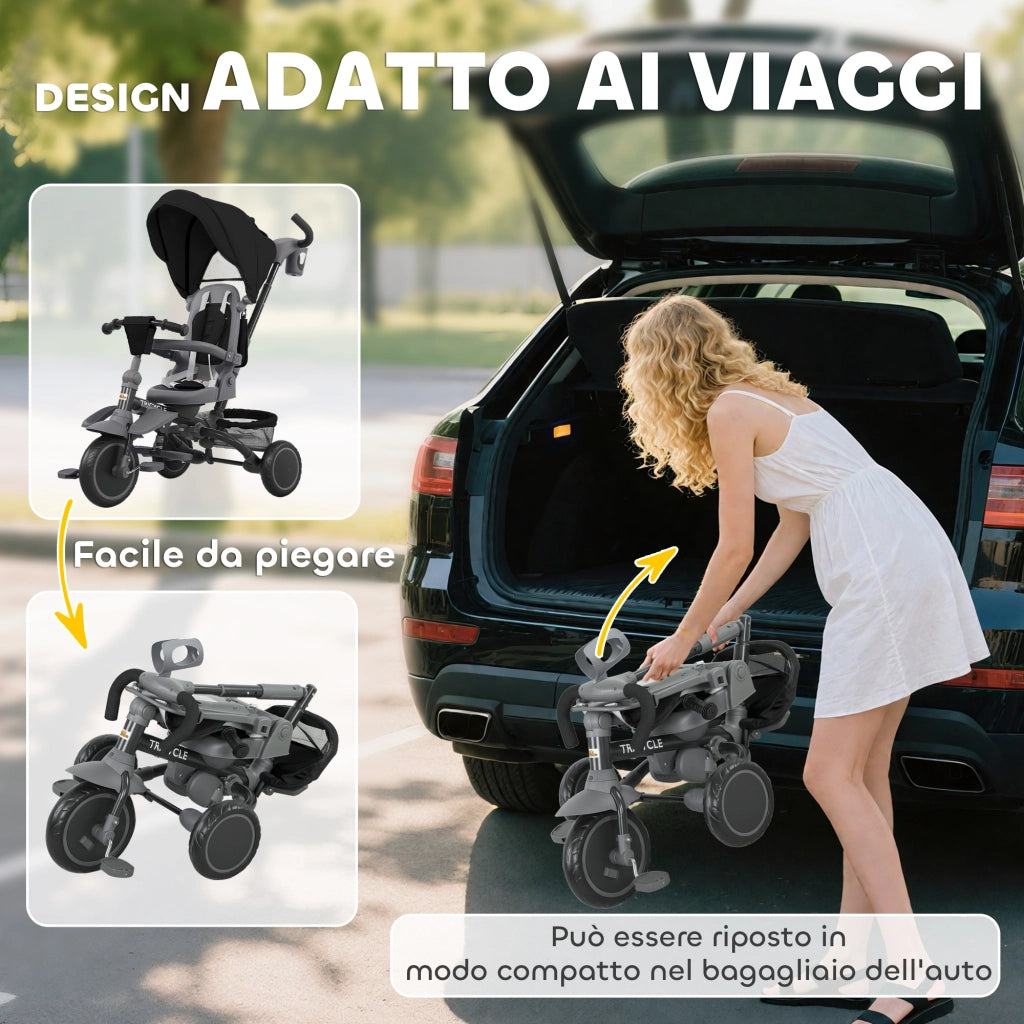 Triciclo per Bambini 6 in 1 111,5x52x98 cm Pieghevole con Sedile Girevole Nero