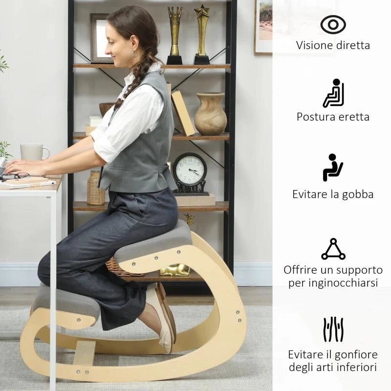 SEDIA ERGONOMICA CON INGINOCCHIATOIO E RECLINABILE, IN TESSUTO EFFETTO LINO E LEGNO, 55X85X55 CM, GRIGIO CHIARO