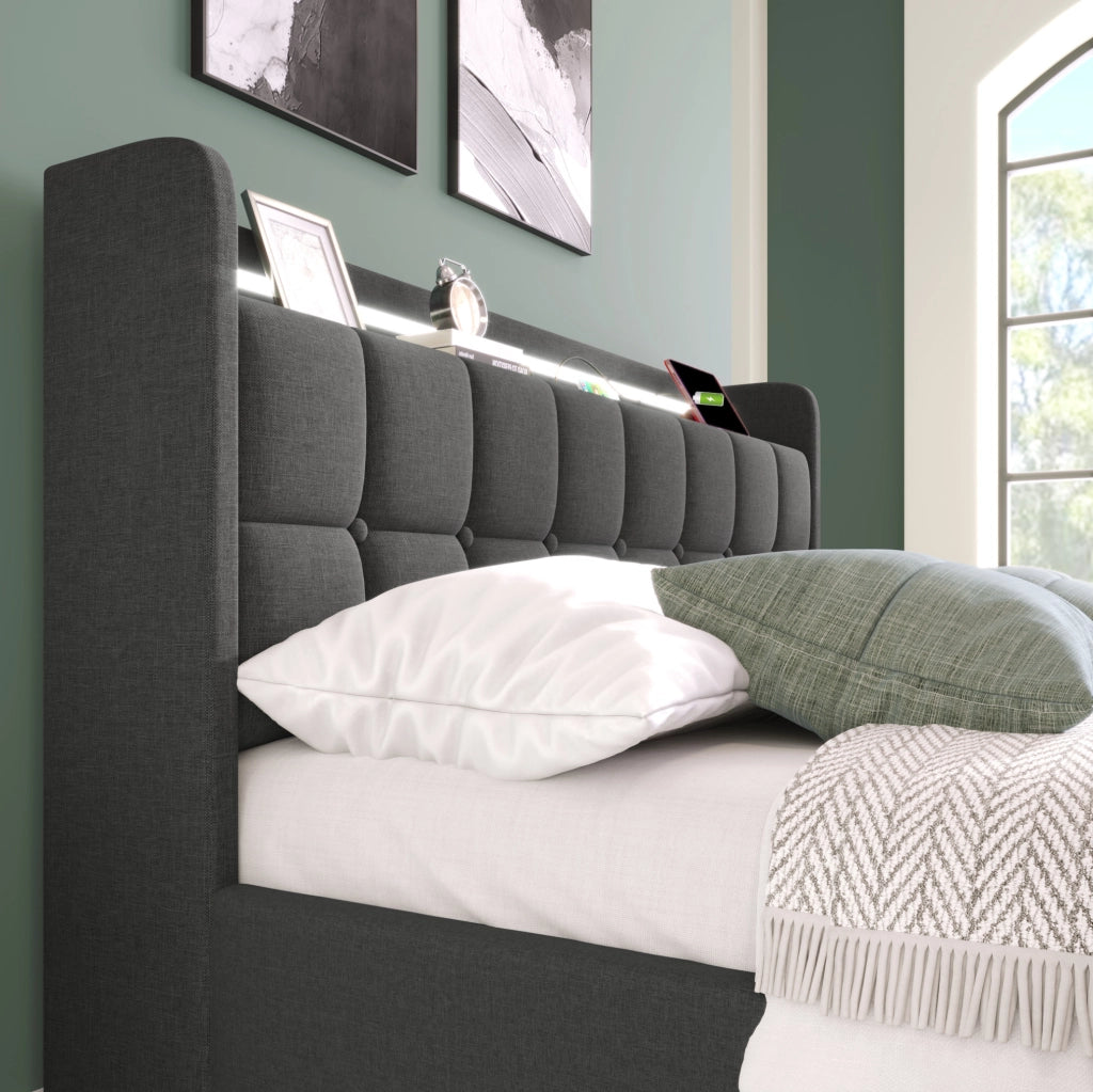 Letto imbottito 140x200 cm grigio con LED, prese USB e 4 cassetti