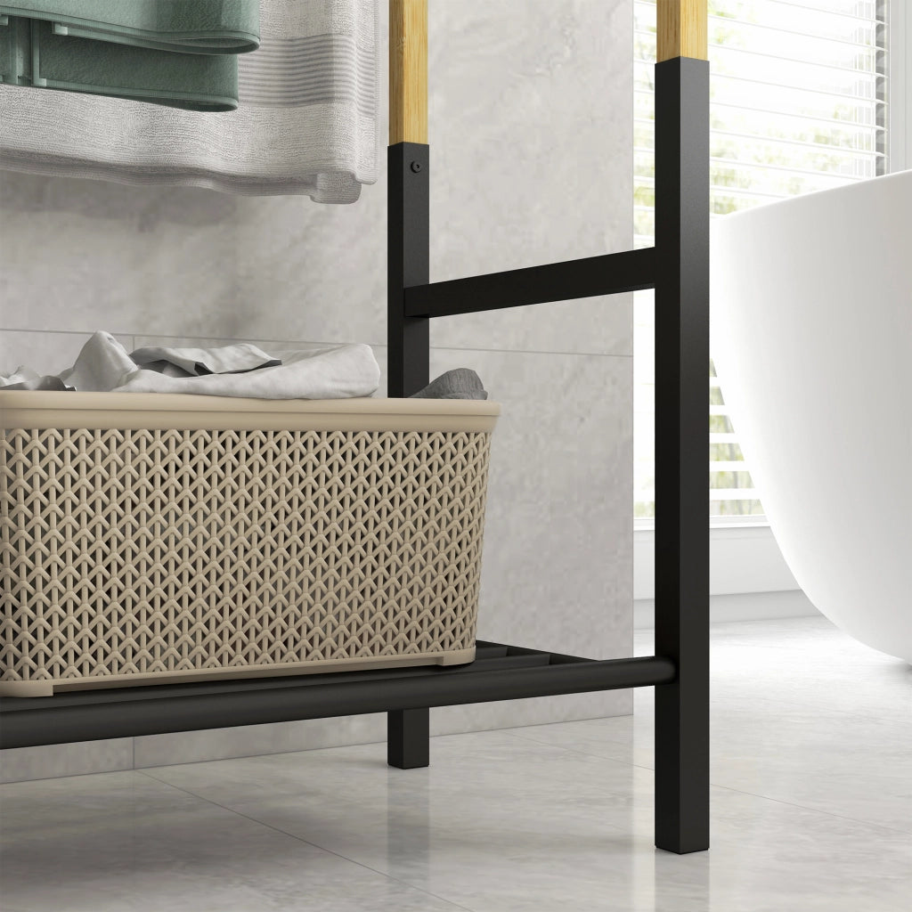 Portasciugamani a Terra con Ripiano ¨C Zephmum ¨C Nero e Legno 51x31x85.5 cm