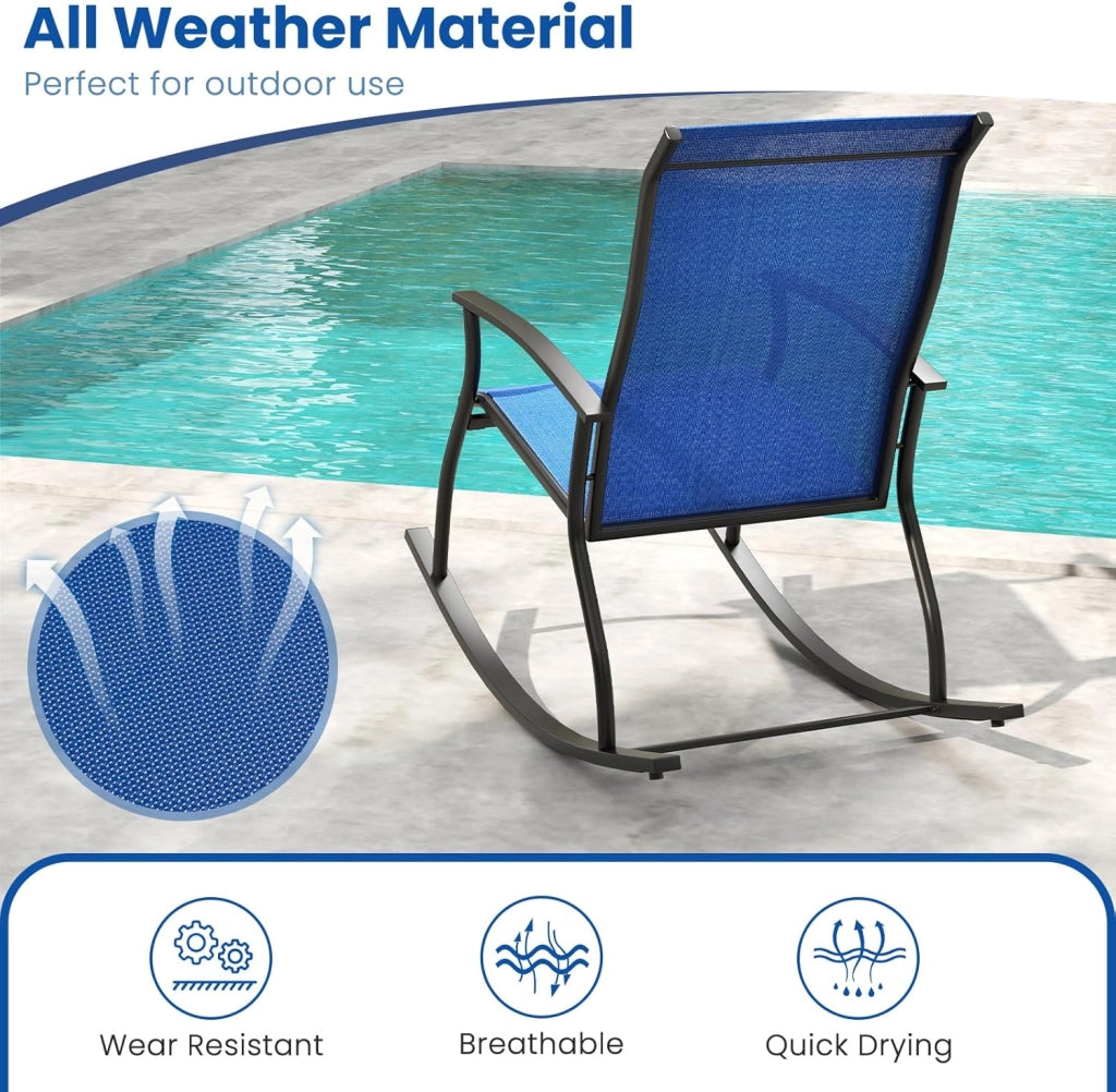 Set di 2 poltrone a dondolo in tessuto a rete, sedia a dondolo da esterno, design ergonomico, Rocking-Chair, carico 150 kg, per terrazza, patio, giardino, 102 x 68 x 100 cm, colore: blu