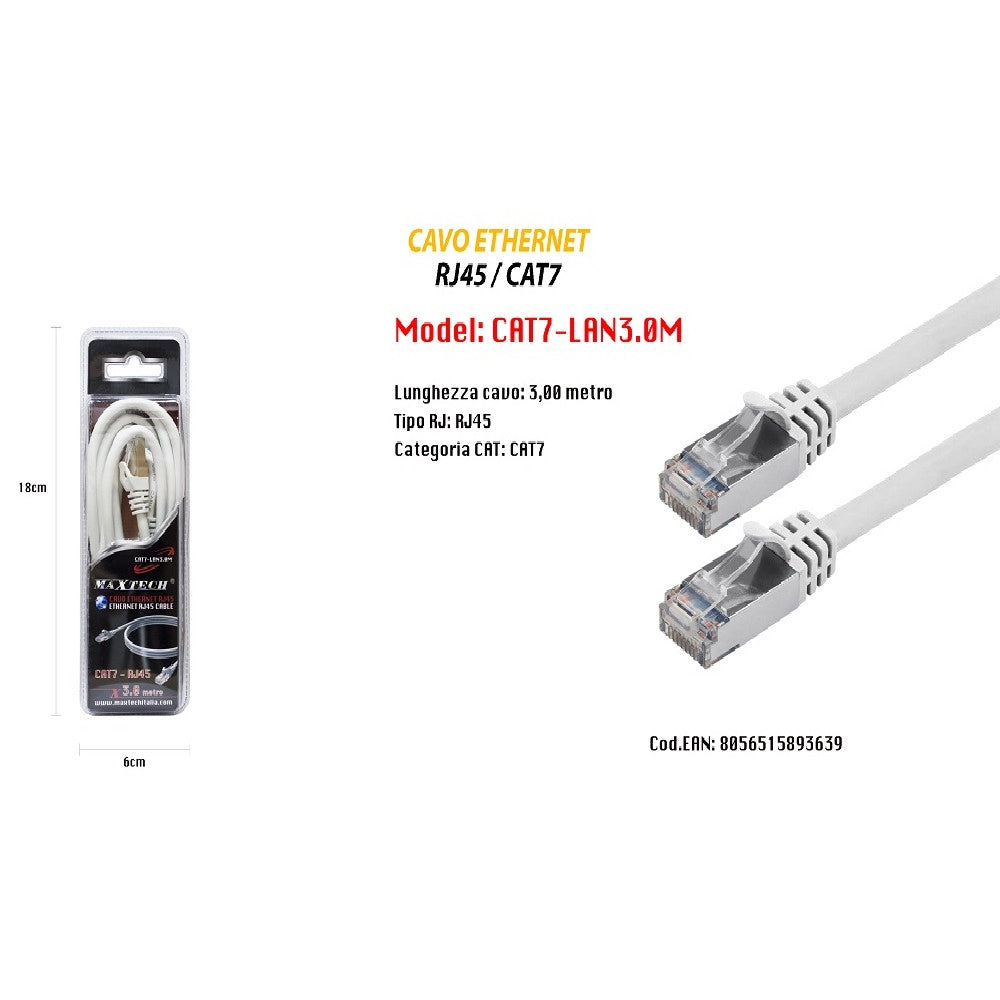 Trade Shop - Cavo Di Rete Lan Ethernet Rj45 / Cat 7 Cavetto 3 Metri Maxtech Cat7-lan3.0m -