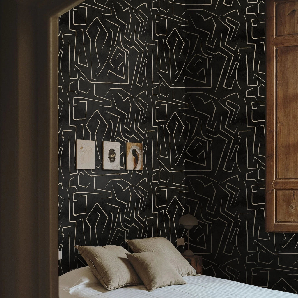 Carta da Parati Nera e Oro Graffiti con Strisce Astratta Carta Vegana 250x200cm 5,5mq 