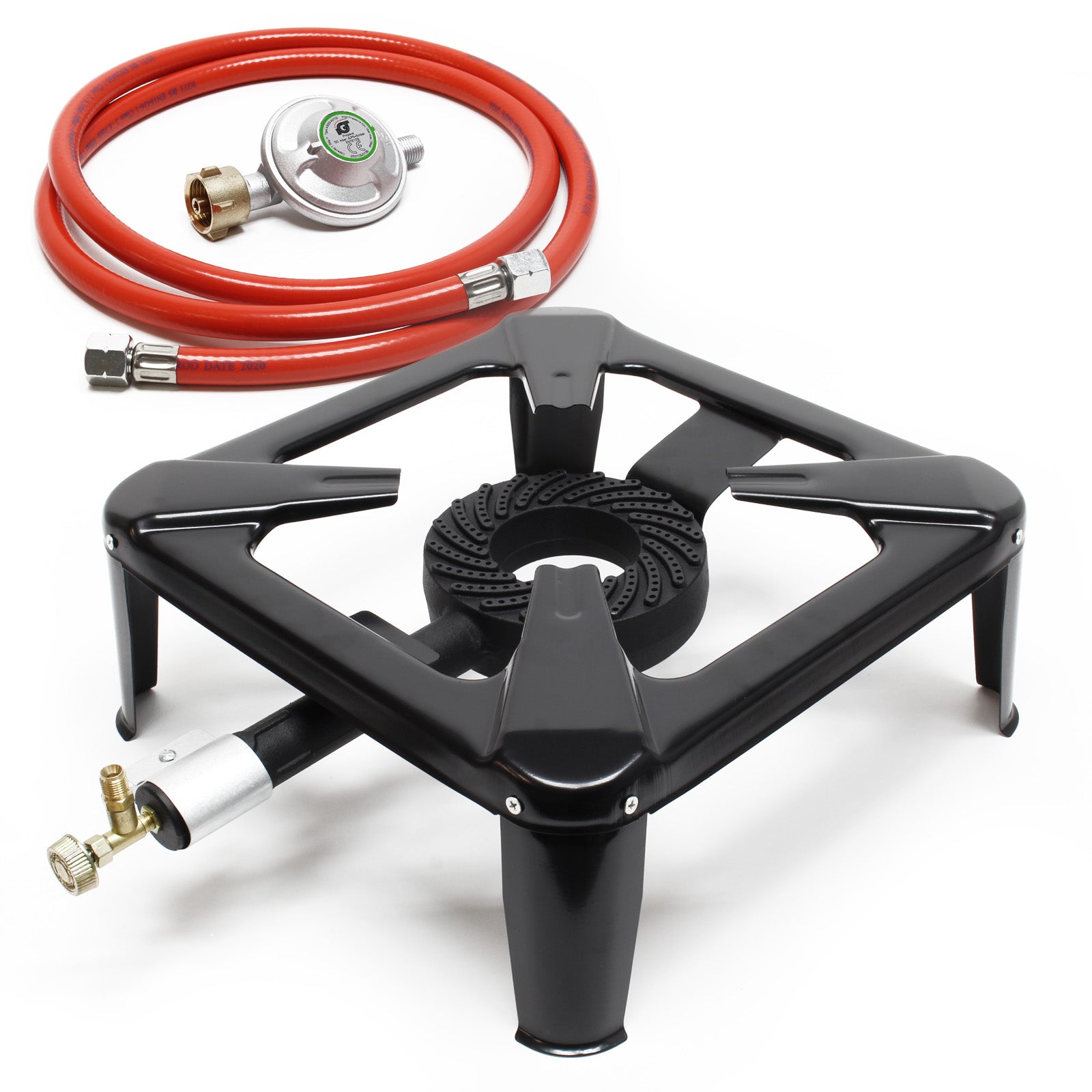 Set con fornello a gas, tubo e riduttore di pressione per uso in Germania 50 mbar Outdoor Campeggio Ø 1/14" / 21,8 mm LH