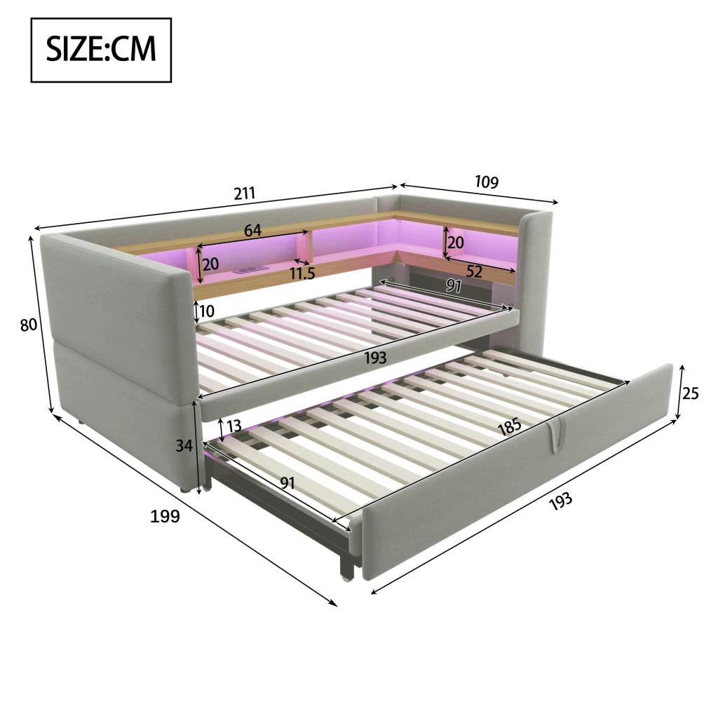 Divano letto imbottito 90/180 x 190 cm con luci LED, prese, vani contenitore e struttura in metallo