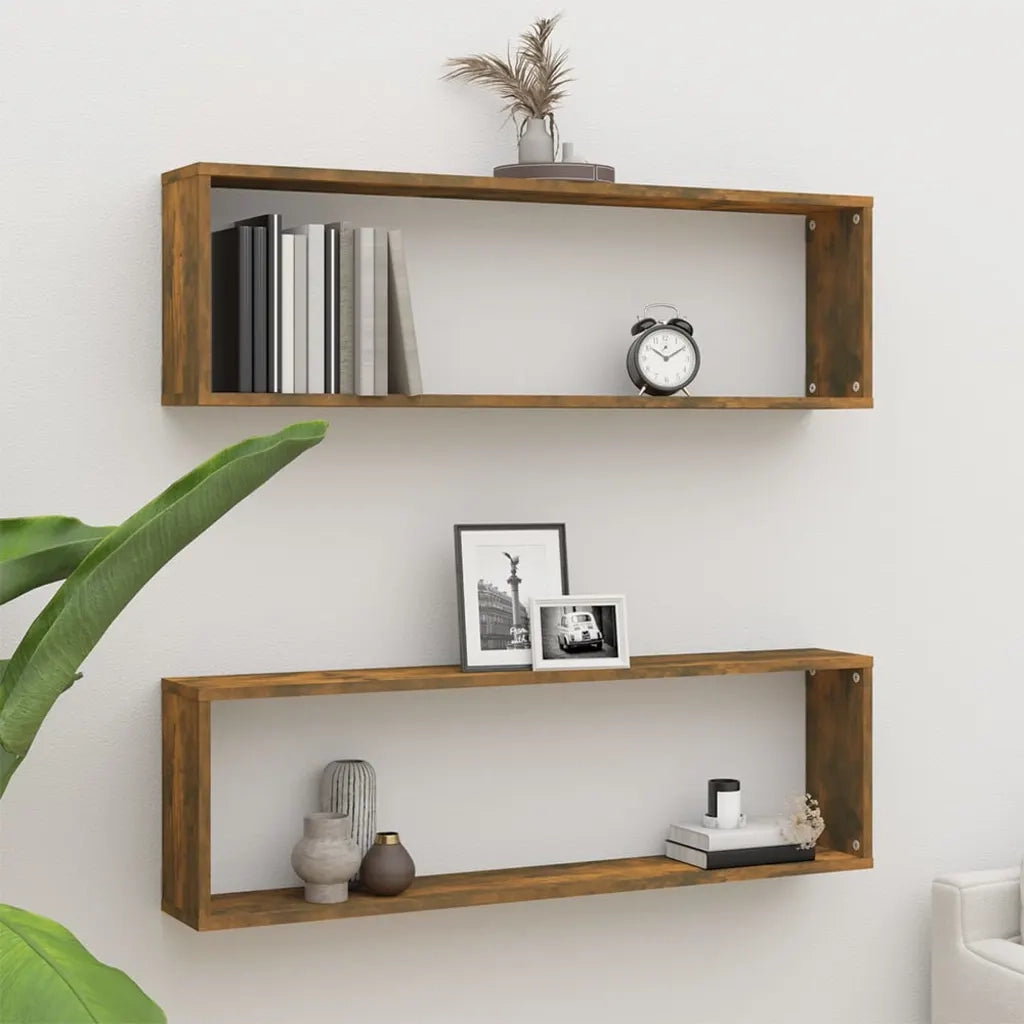 2 pz Mensole Parete | Mensola sospesa Cubo Rovere Fumo 100x15x30 Legno Multistrato