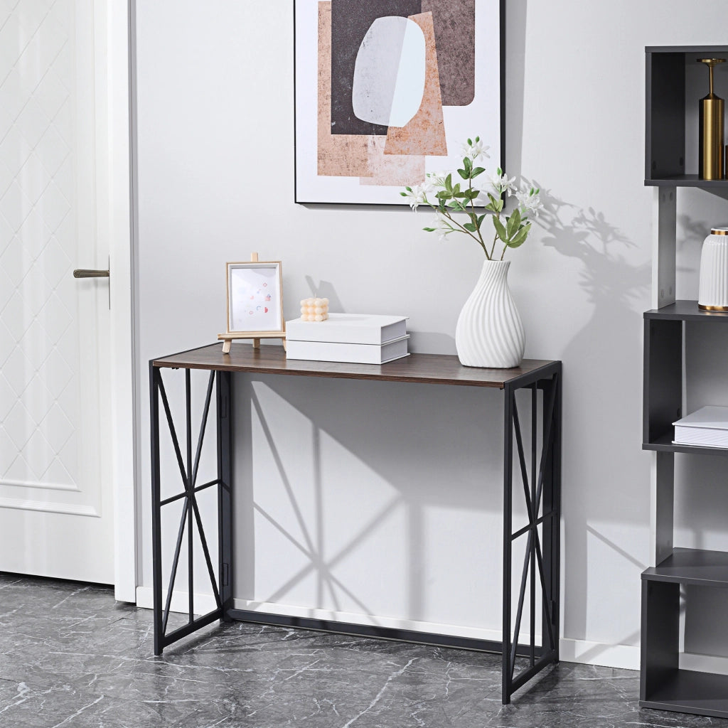 Tavolo Consolle da Ingresso Stile Industriale Pieghevole in Legno e Metallo, 100x38x80cm, Marrone