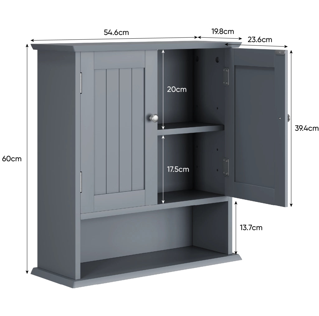 Armadietto da bagno pensile in MDF grigio chiaro con ripiani interni regolabili, mobile salvaspazio da parete